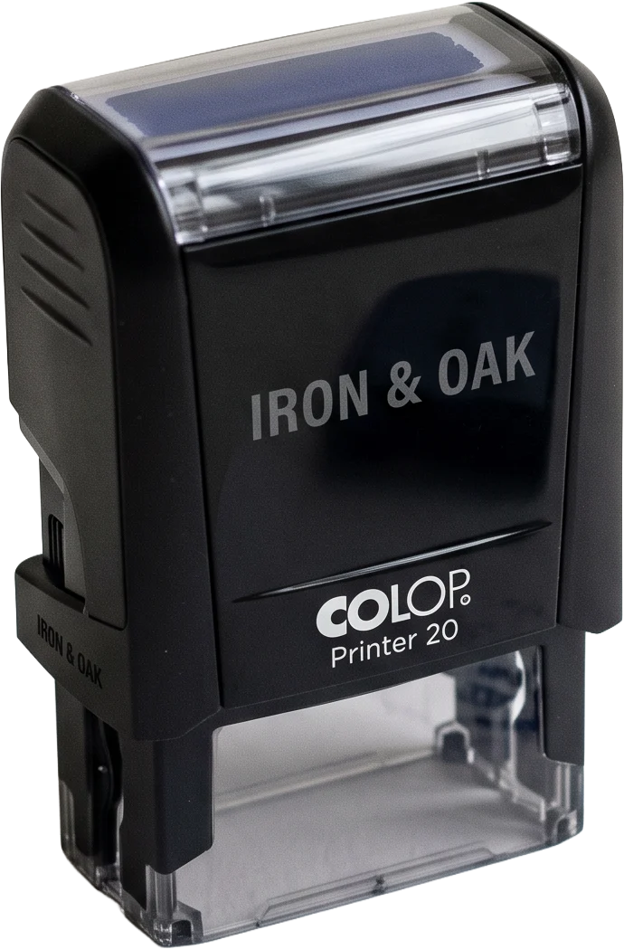 Self-inking Iron & Oak company stamp with single-colour impression